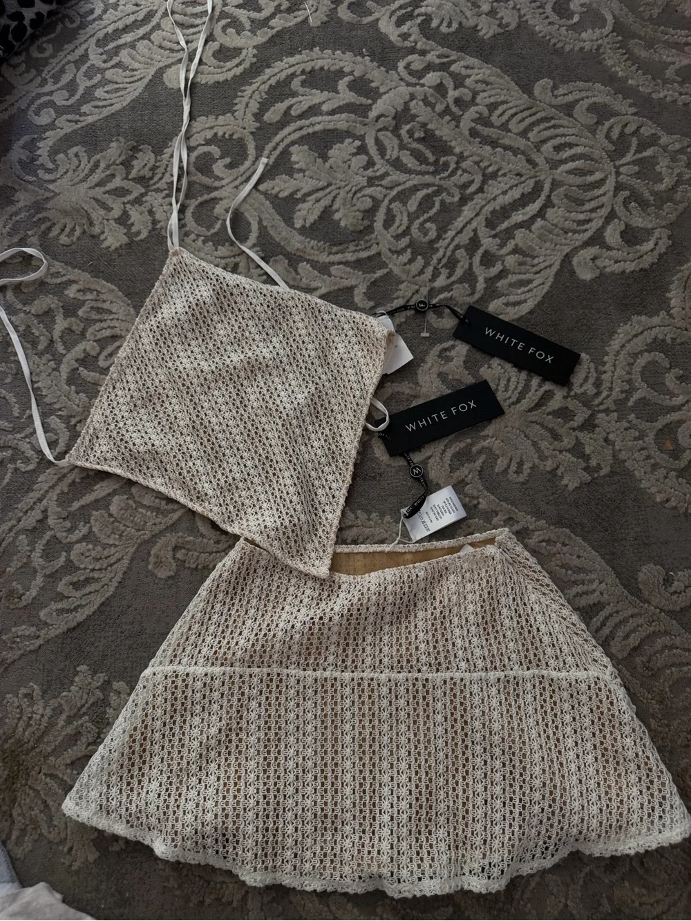 White Fox Boutique Cream Crochet Two-Piece Skirt Set